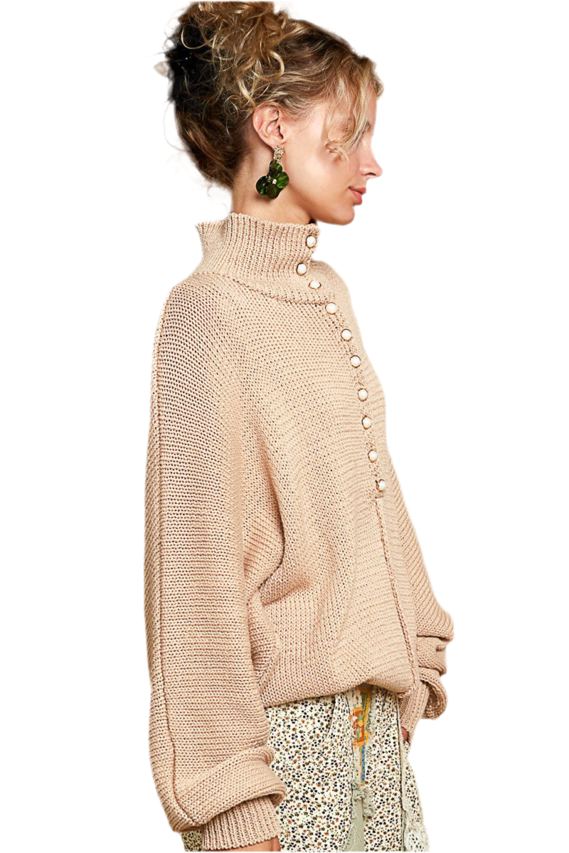 POL Pearl Detail Turtleneck Long Sleeve Sweater