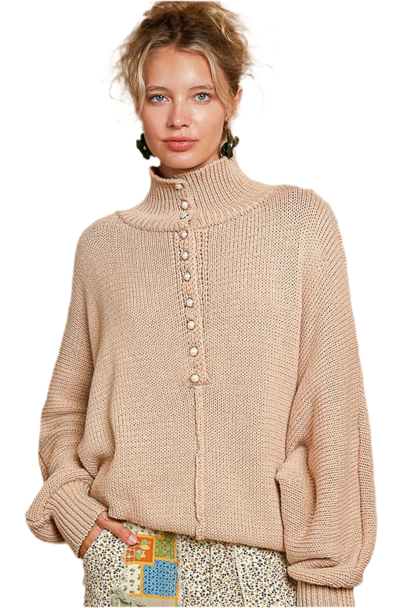 POL Pearl Detail Turtleneck Long Sleeve Sweater