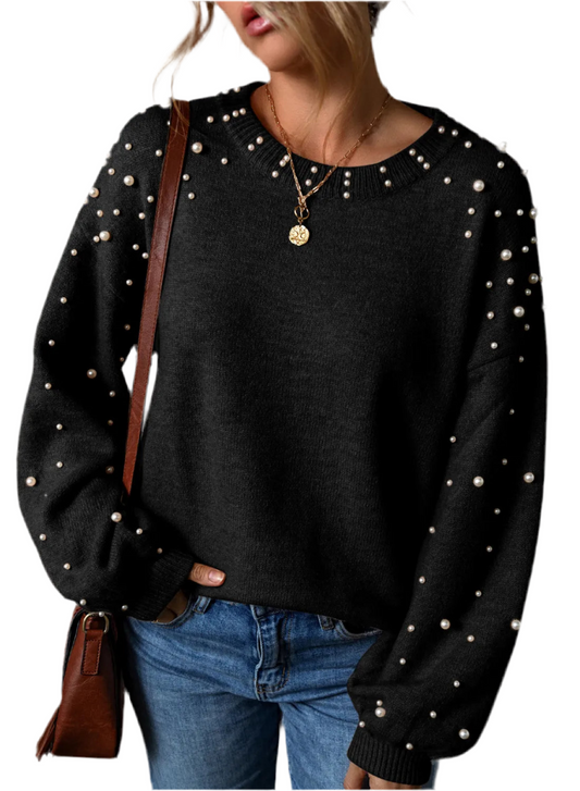 Pearl Detail Round Neck Long Sleeve Sweater