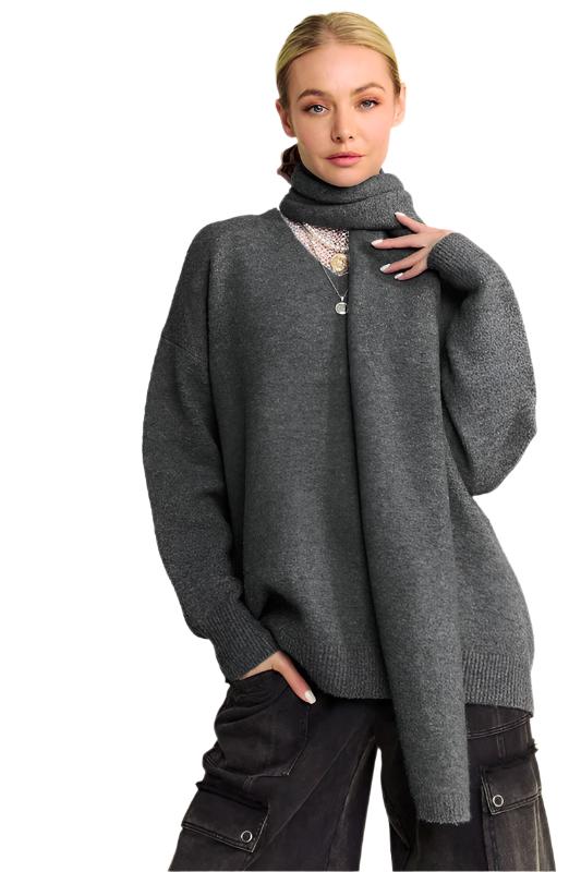 Davi & Dani V-Neck Dropped Shoulder Sweater with Scarf Set