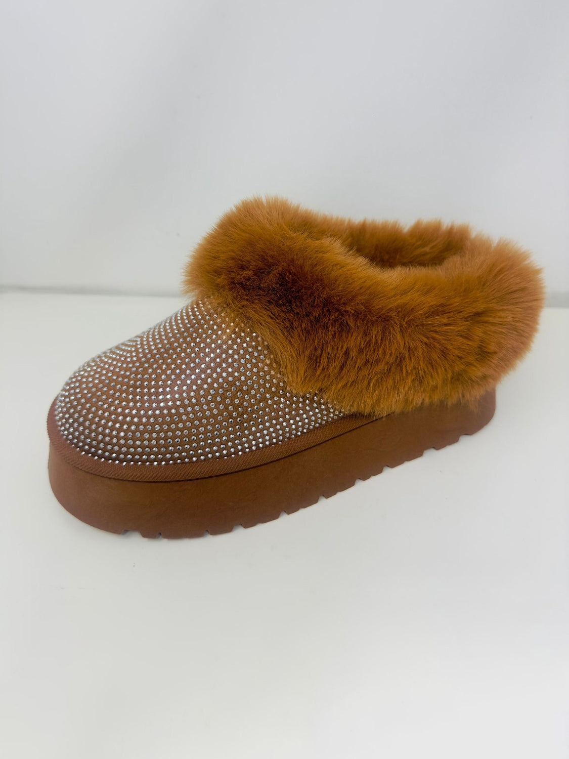 Brown Platform Booties with Rhinestone Embellishment and Faux Fur