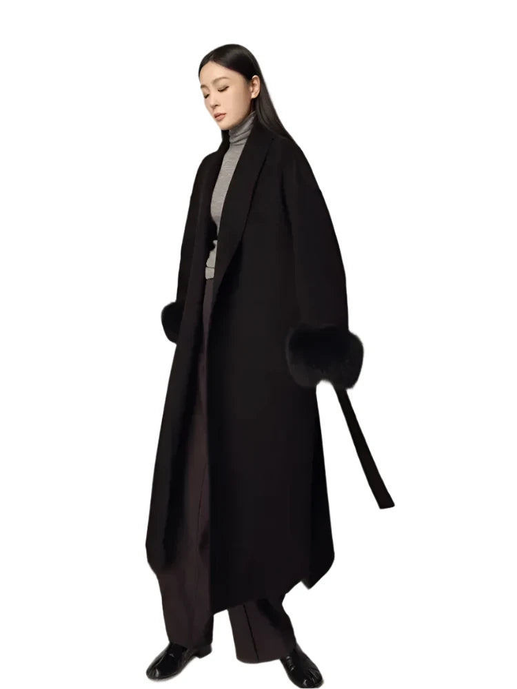 Cashmere Wool Blends Coat with Faux Fur Sleeves