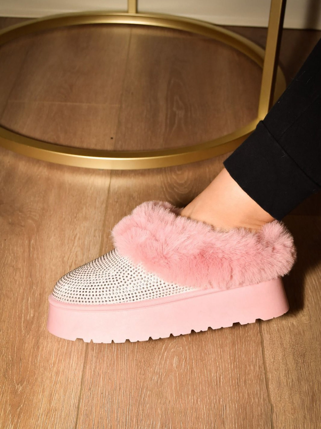 Pink Platform Booties with Rhinestone Embellishment and Faux Fur