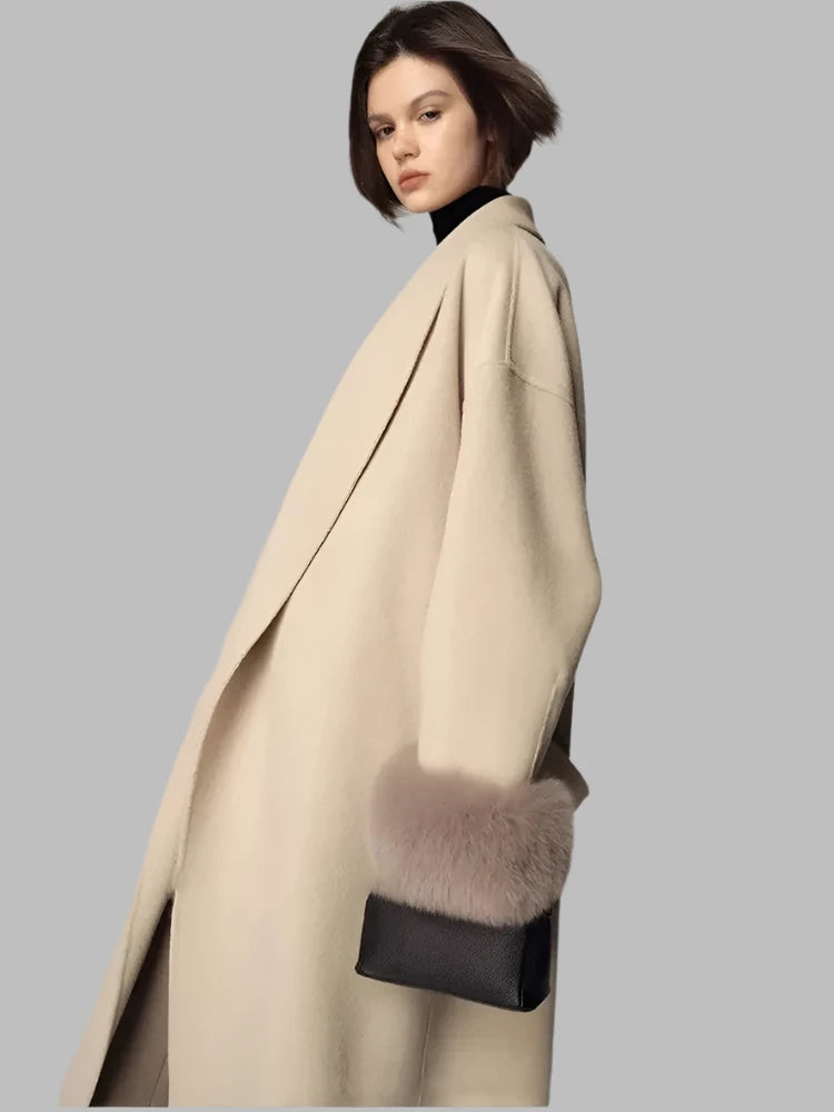 Cashmere Wool Blends Coat with Faux Fur Sleeves