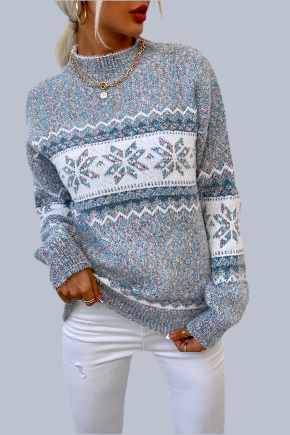 Snowflake Pattern Mock Neck Sweater