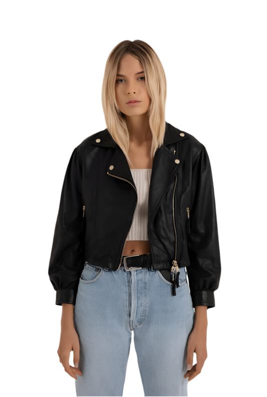 Genuine Leather Puff Sleeve Biker Jacket