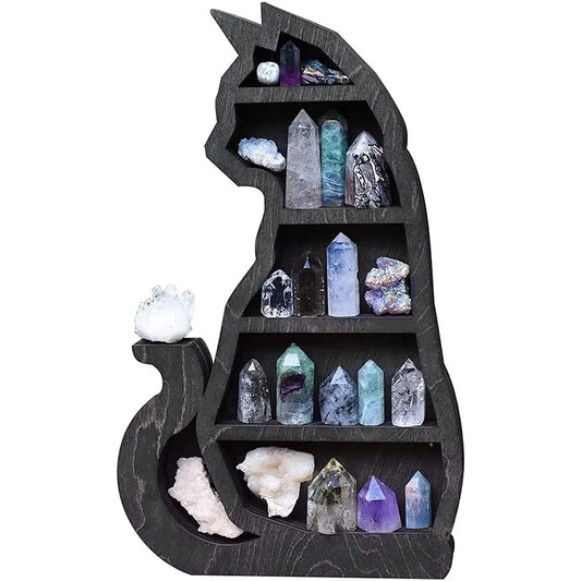 Wooden Black Cat Crystal Display Shelf