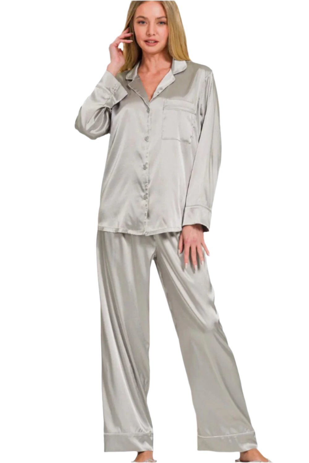 Silver Satin Long Sleeve Shirt and Pants Pajama Set