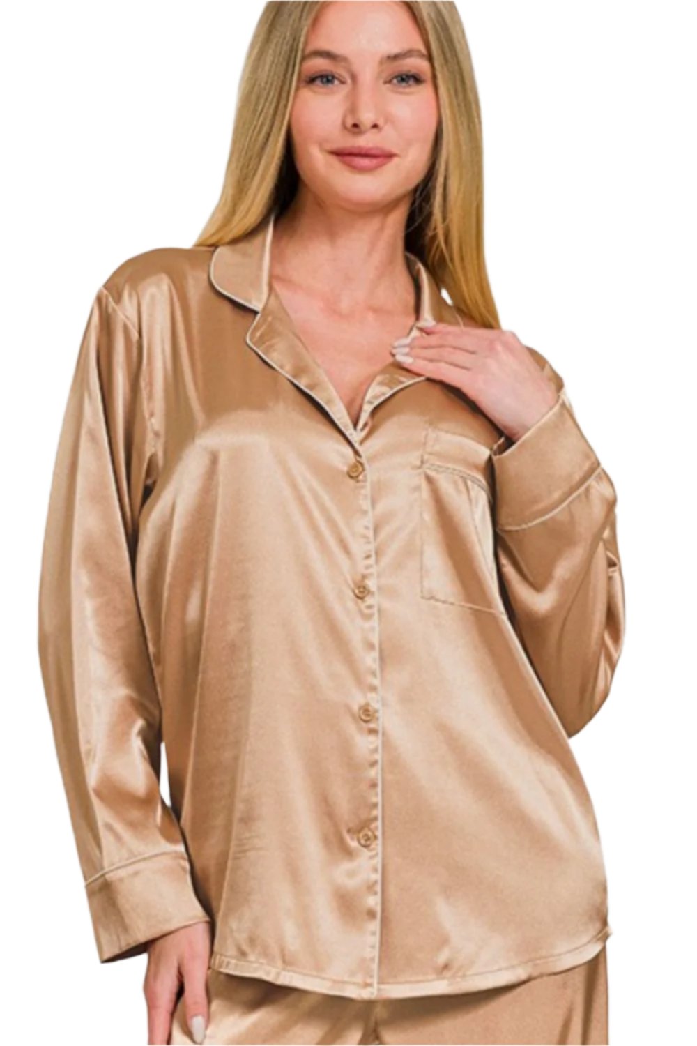 Gold Satin Long Sleeve Shirt and Pants Pajama Set