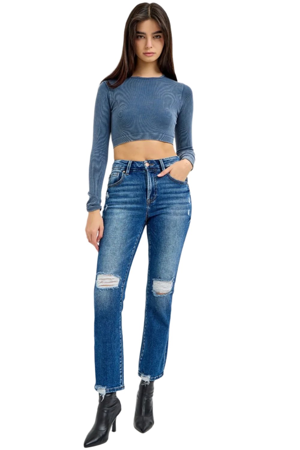 RISEN Full Size High Rise Distressed Crop Straight Jeans