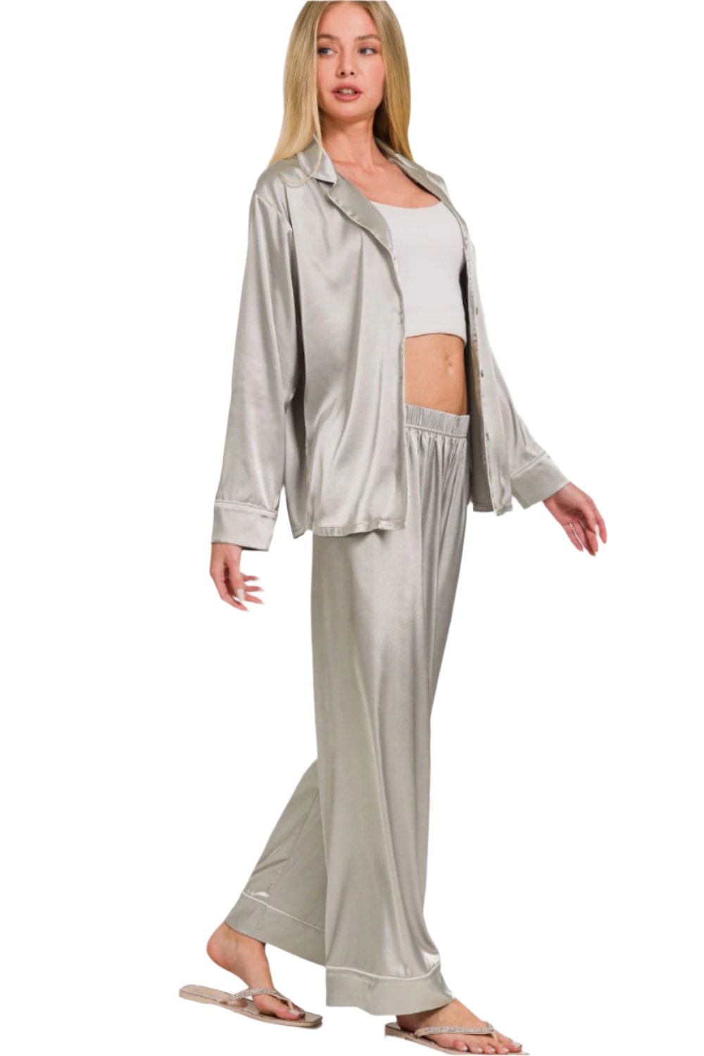 Silver Satin Long Sleeve Shirt and Pants Pajama Set