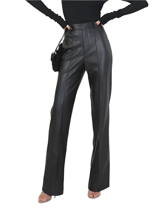 Black High Waist Straight Leather Pants