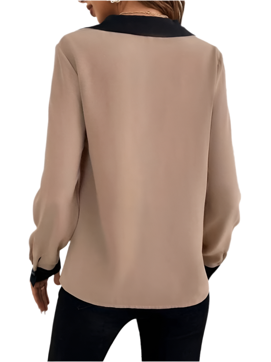 Contrast Trim V-Neck Long Sleeve Blouse