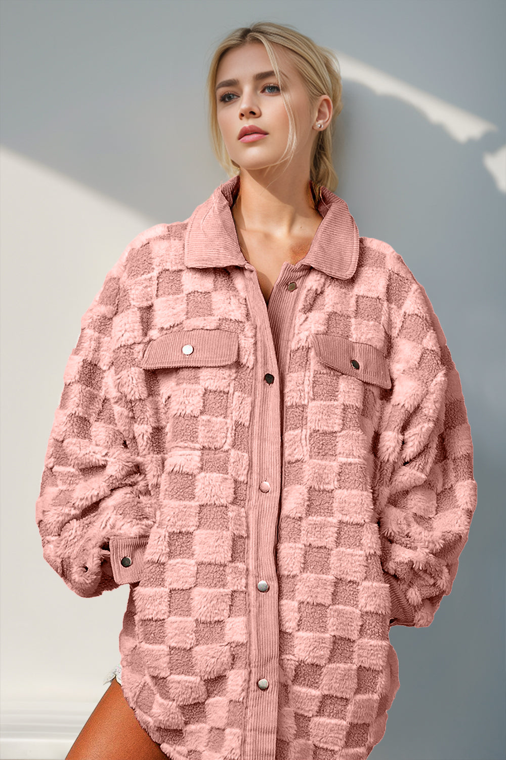 Oversized Button Up Fuzzy Checkered Shacket