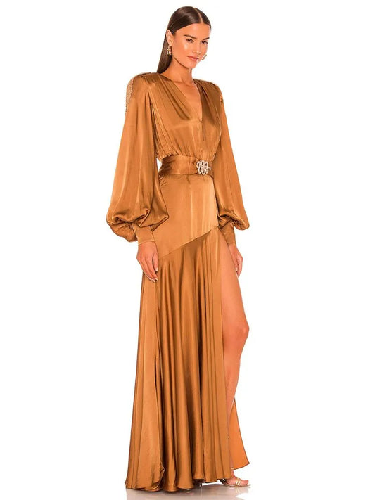 Ailigou V-Neck Pleated Lantern Sleeve Long Dress