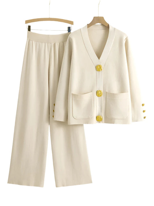 Knit Pants and Cardigan Set with Large Gold Button