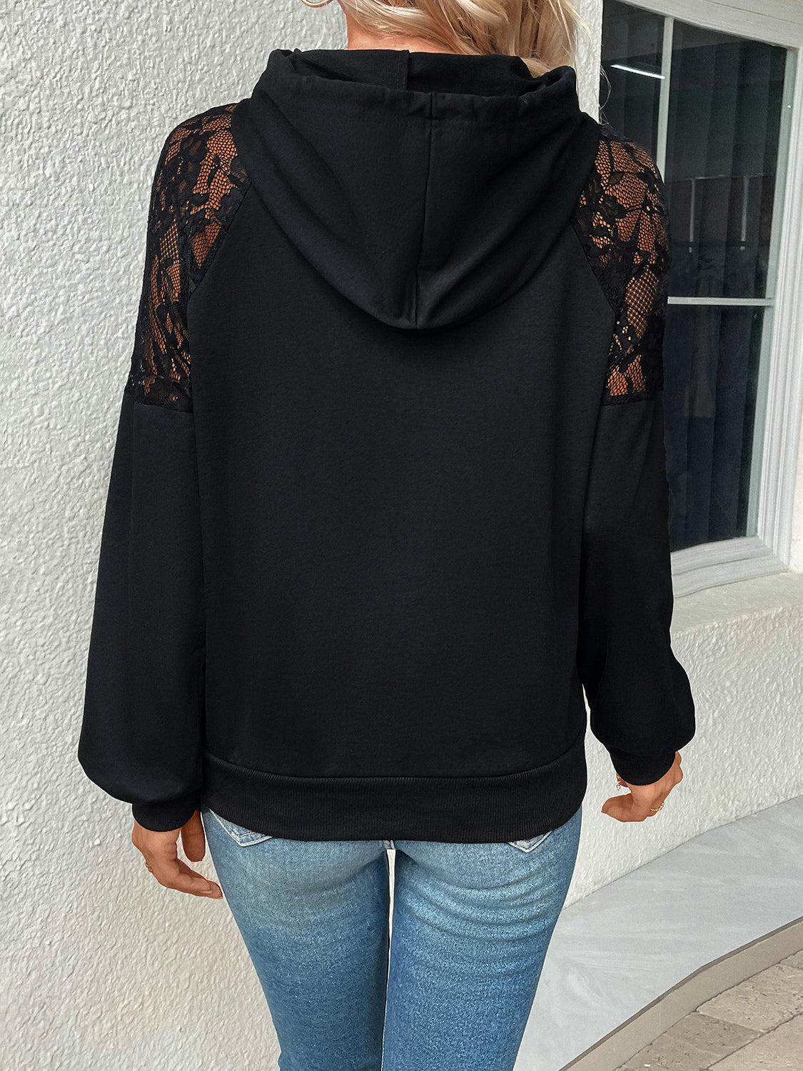 Perfee Lace Detail Drawstring Long Sleeve Hoodie