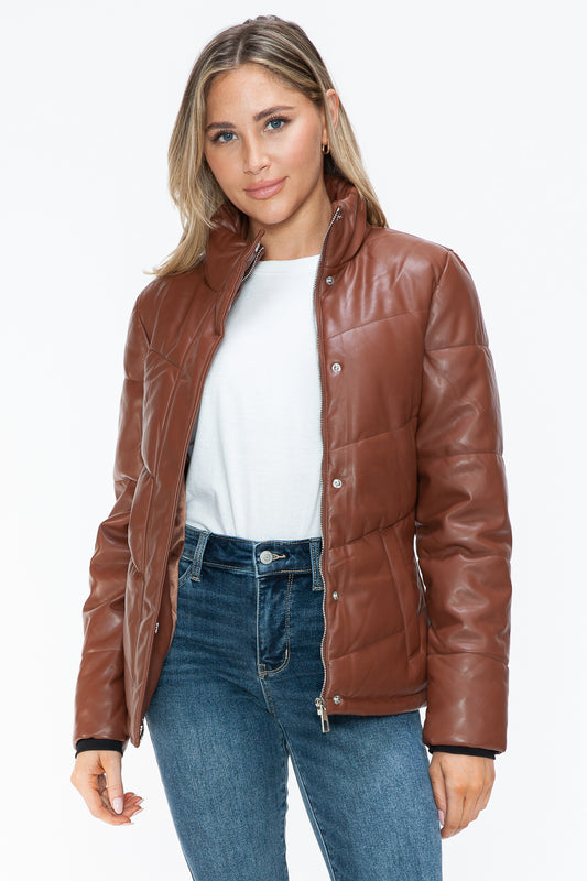 Brown Pocketed Zip Up Turtleneck Puffer Jacket