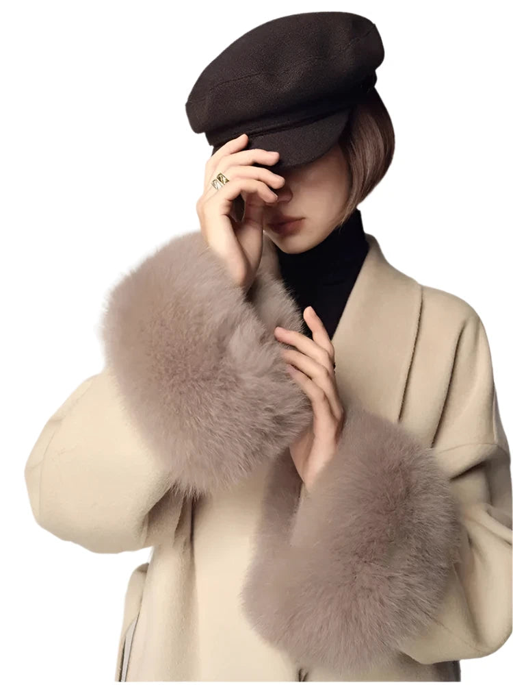 Cashmere Wool Blends Coat with Faux Fur Sleeves