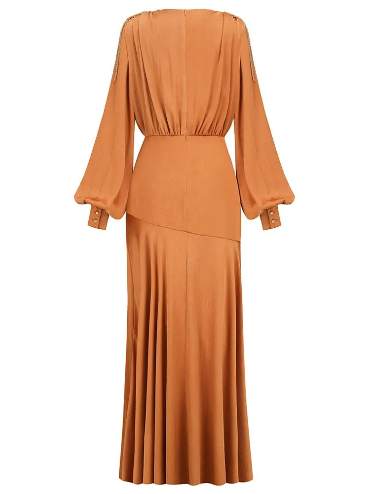 Ailigou V-Neck Pleated Lantern Sleeve Long Dress