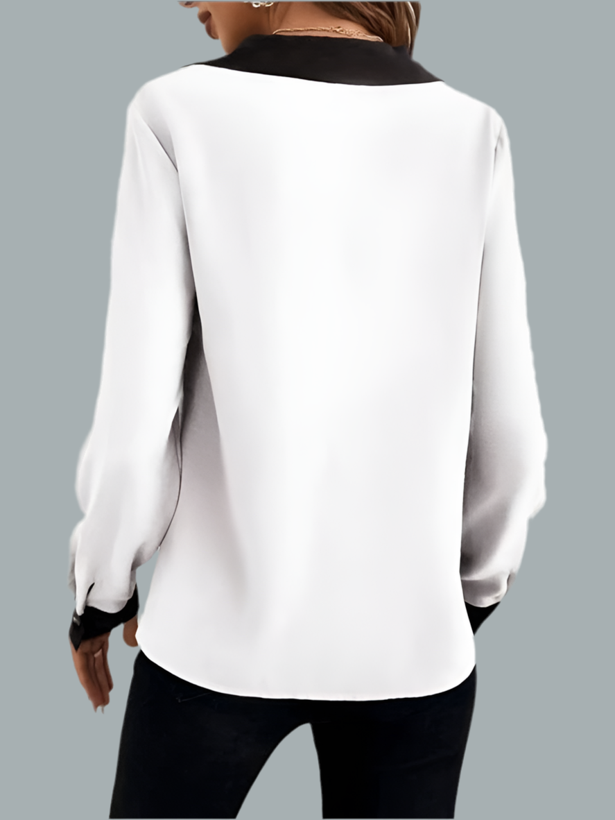 Contrast Trim V-Neck Long Sleeve Blouse