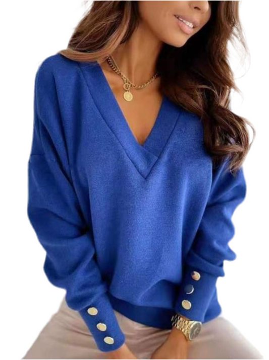 V-Neck Long Sleeve Sweater with Gold Buttons