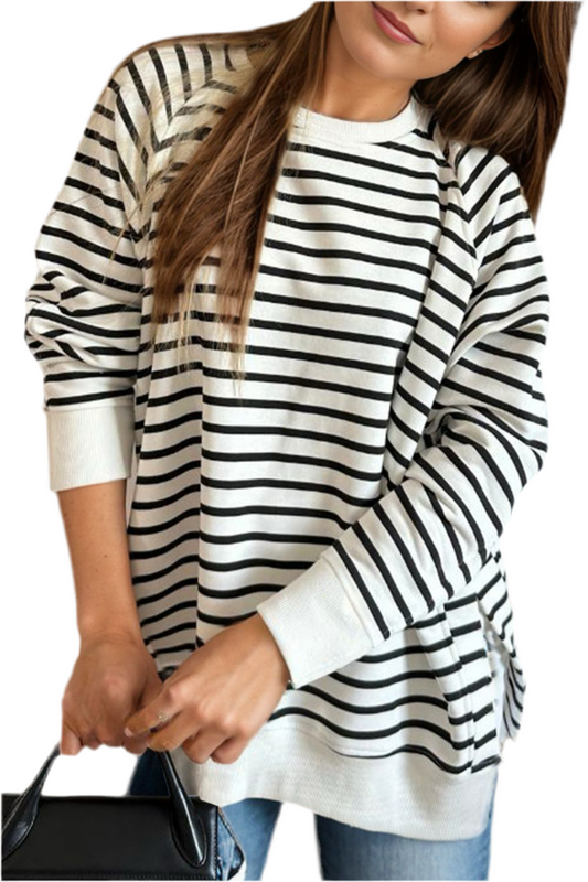 Slit Striped Round Neck Long Sleeve Sweatshirt