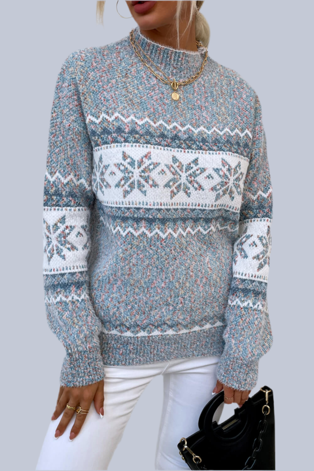 Snowflake Pattern Mock Neck Sweater