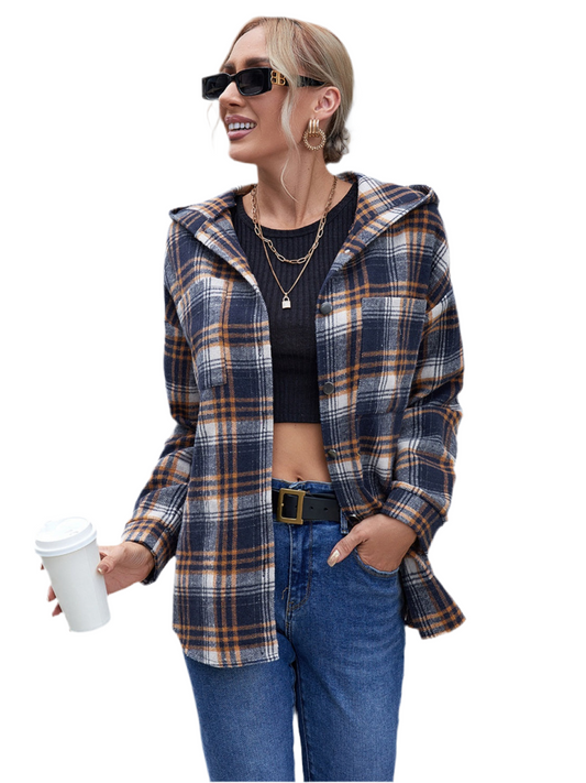 Ivy Lane Plaid Button Up Long Sleeve Hooded Jacket