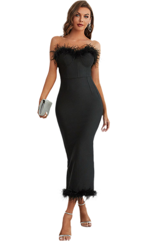 Feather Trim Strapless Sweetheart Neck Midi Dress