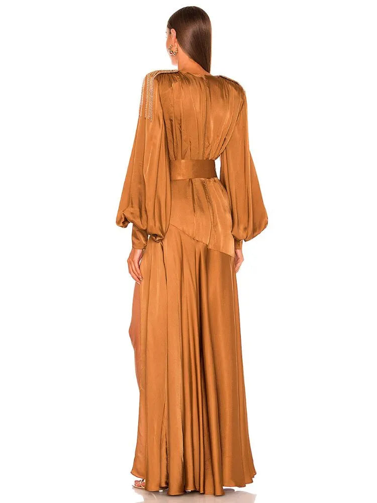 Ailigou V-Neck Pleated Lantern Sleeve Long Dress