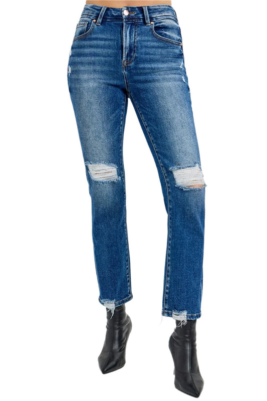 RISEN Full Size High Rise Distressed Crop Straight Jeans