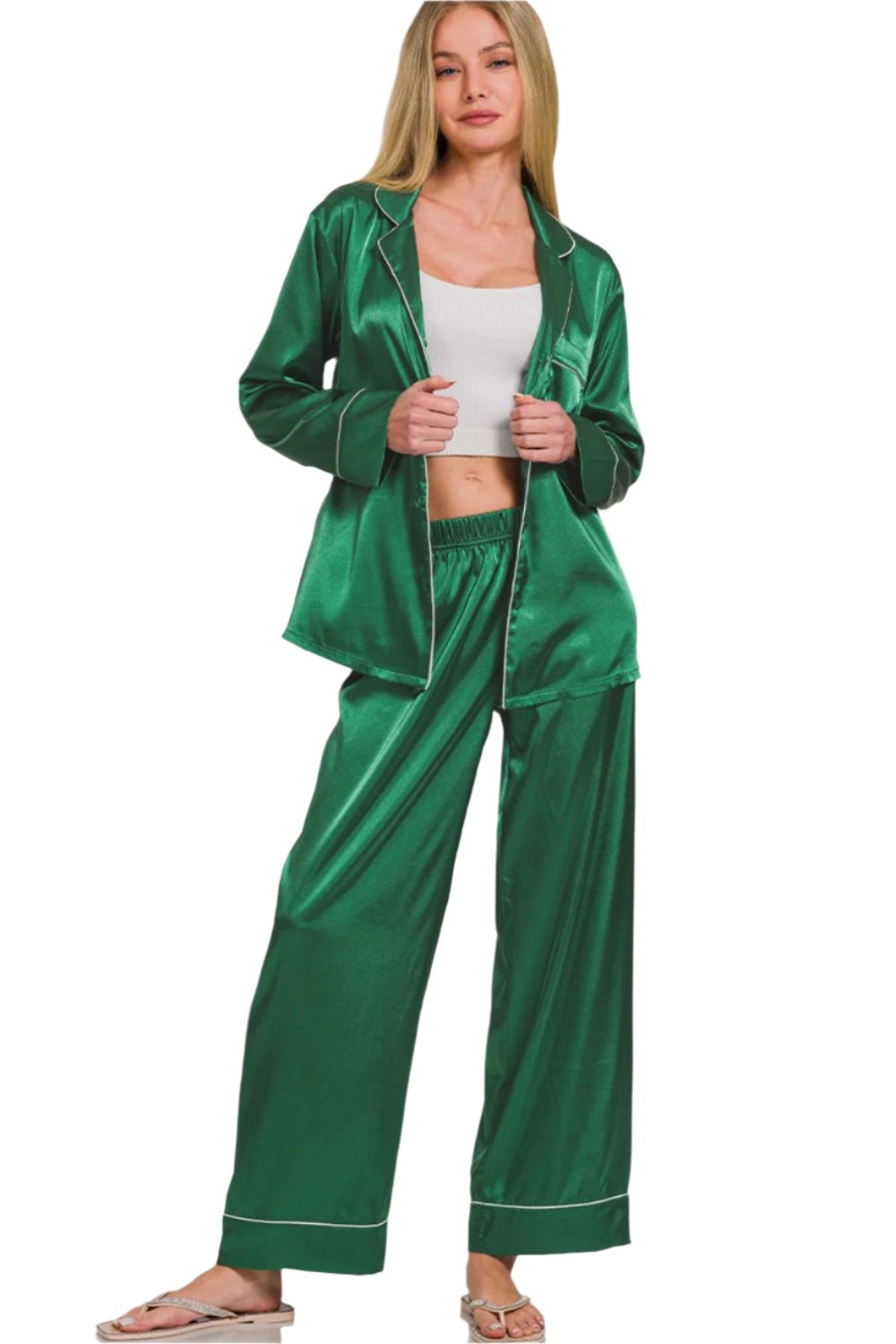 Green Satin Long Sleeve Shirt and Pants Pajama Set