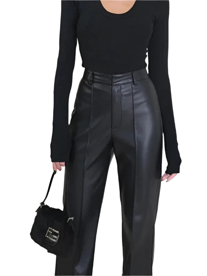 Black High Waist Straight Leather Pants