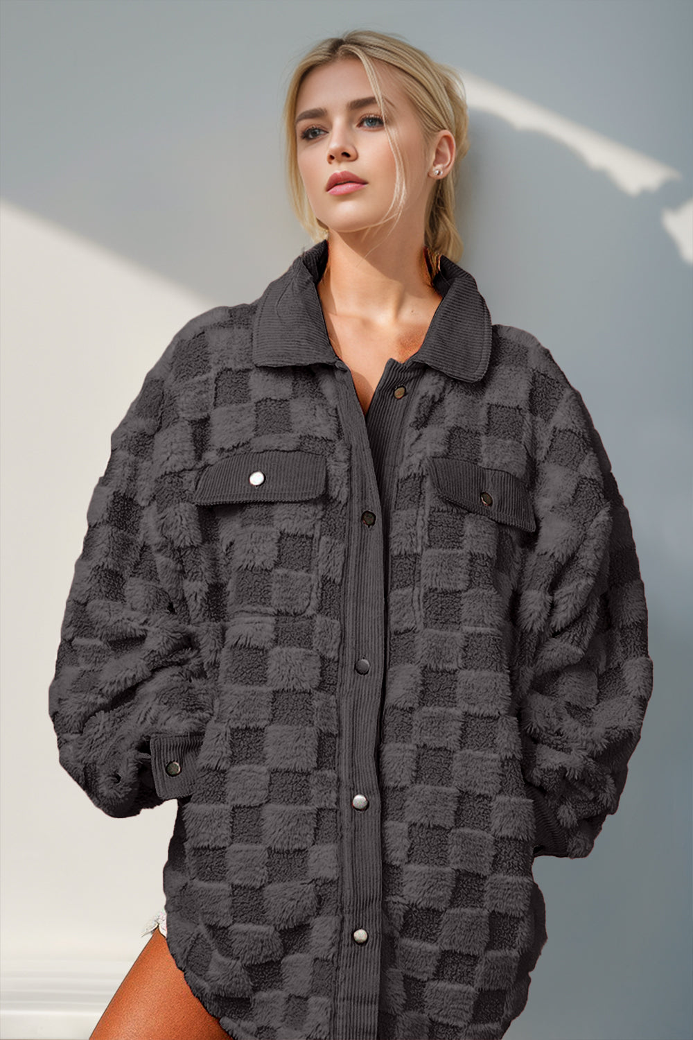 Oversized Button Up Fuzzy Checkered Shacket