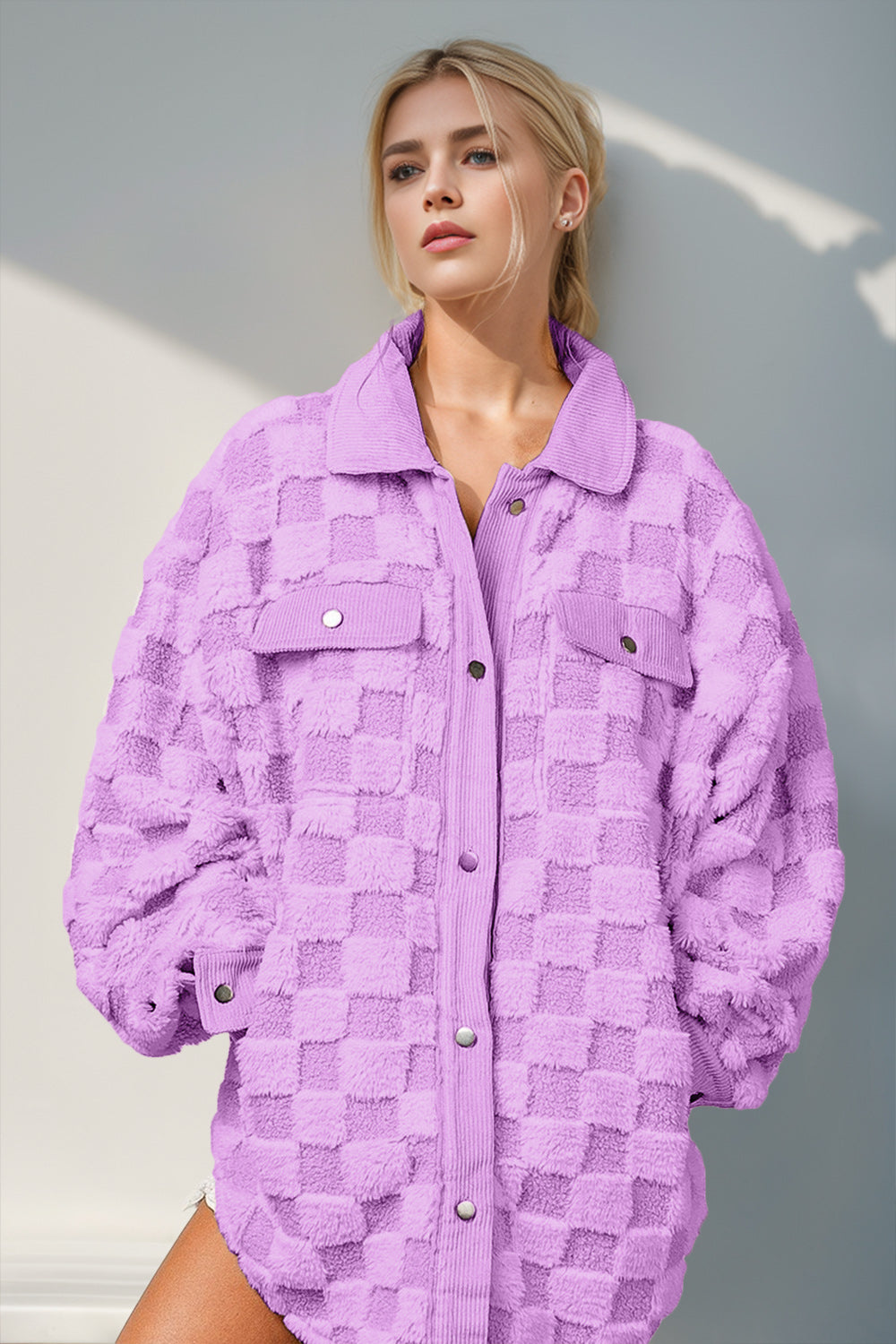 Oversized Button Up Fuzzy Checkered Shacket