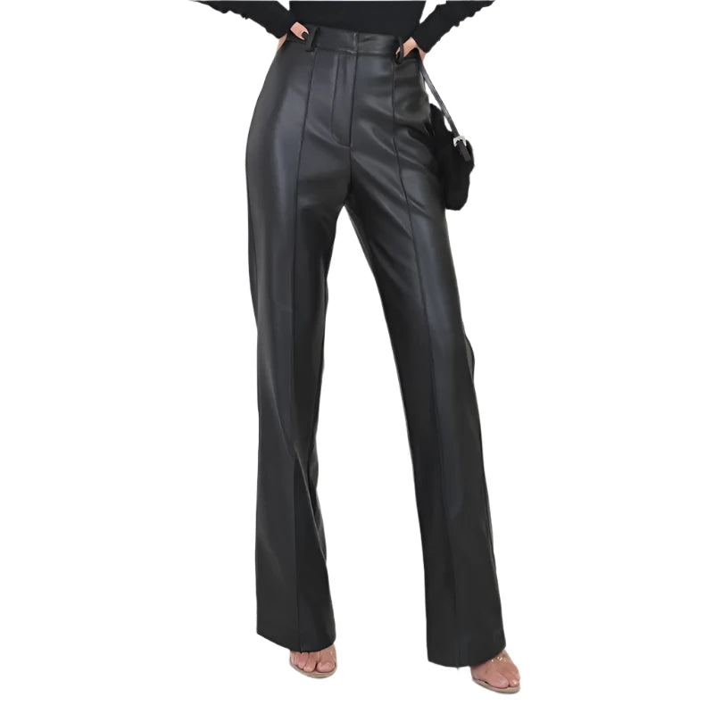 Black High Waist Straight Leather Pants