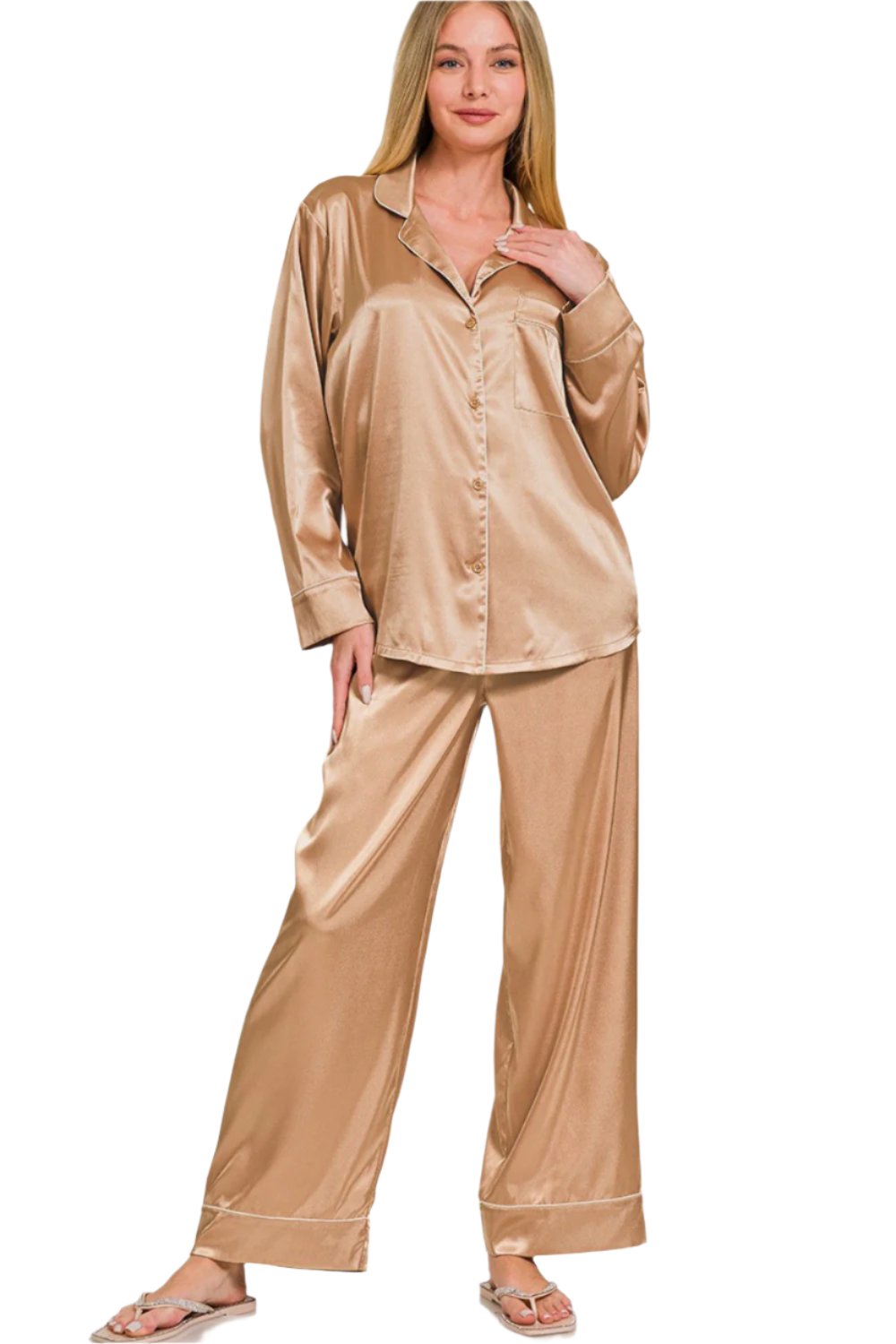 Gold Satin Long Sleeve Shirt and Pants Pajama Set