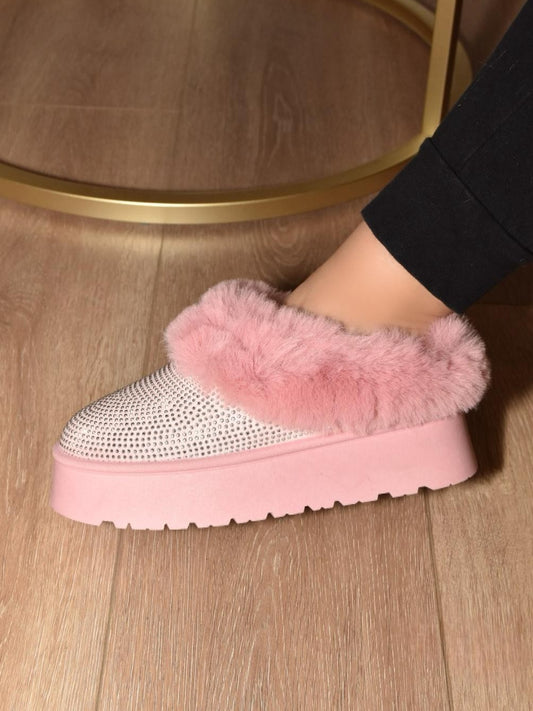 Pink Platform Booties with Rhinestone Embellishment and Faux Fur