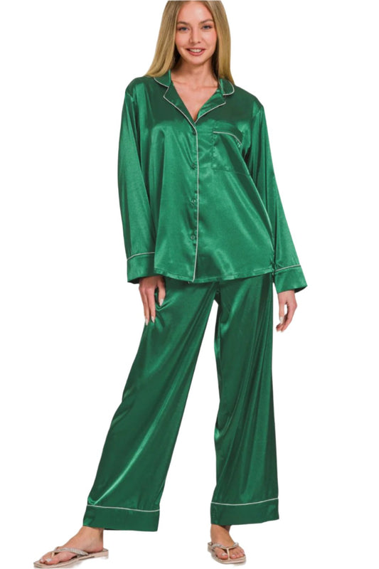 Green Satin Long Sleeve Shirt and Pants Pajama Set