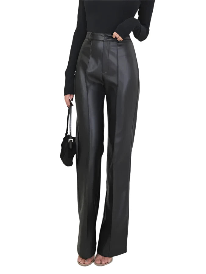 Black High Waist Straight Leather Pants