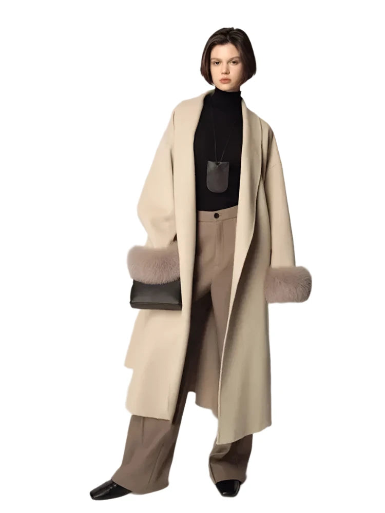 Cashmere Wool Blends Coat with Faux Fur Sleeves