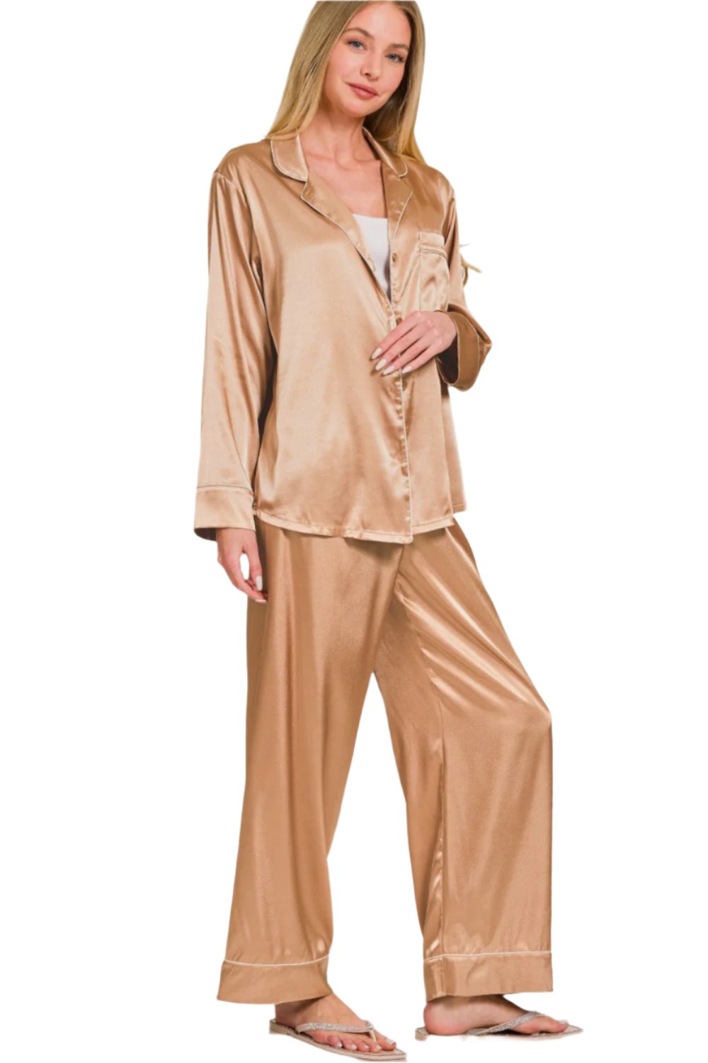 Gold Satin Long Sleeve Shirt and Pants Pajama Set