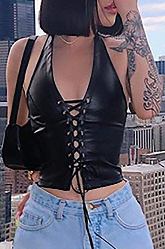 Lace-Up Leather Halter Top