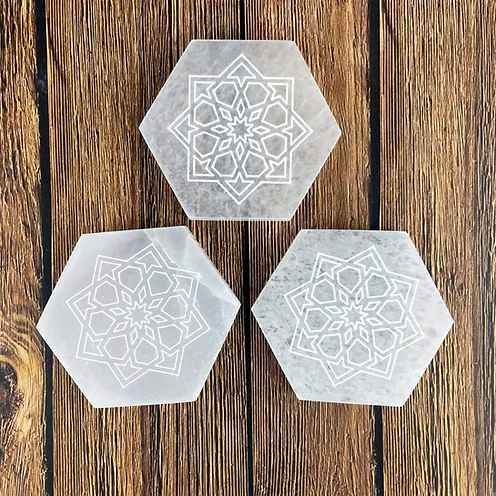 Mandala Engraved Selenite Hexagon Charging Plate