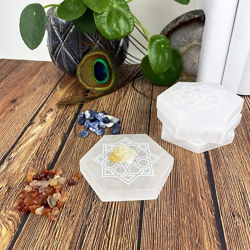 Mandala Engraved Selenite Hexagon Charging Plate